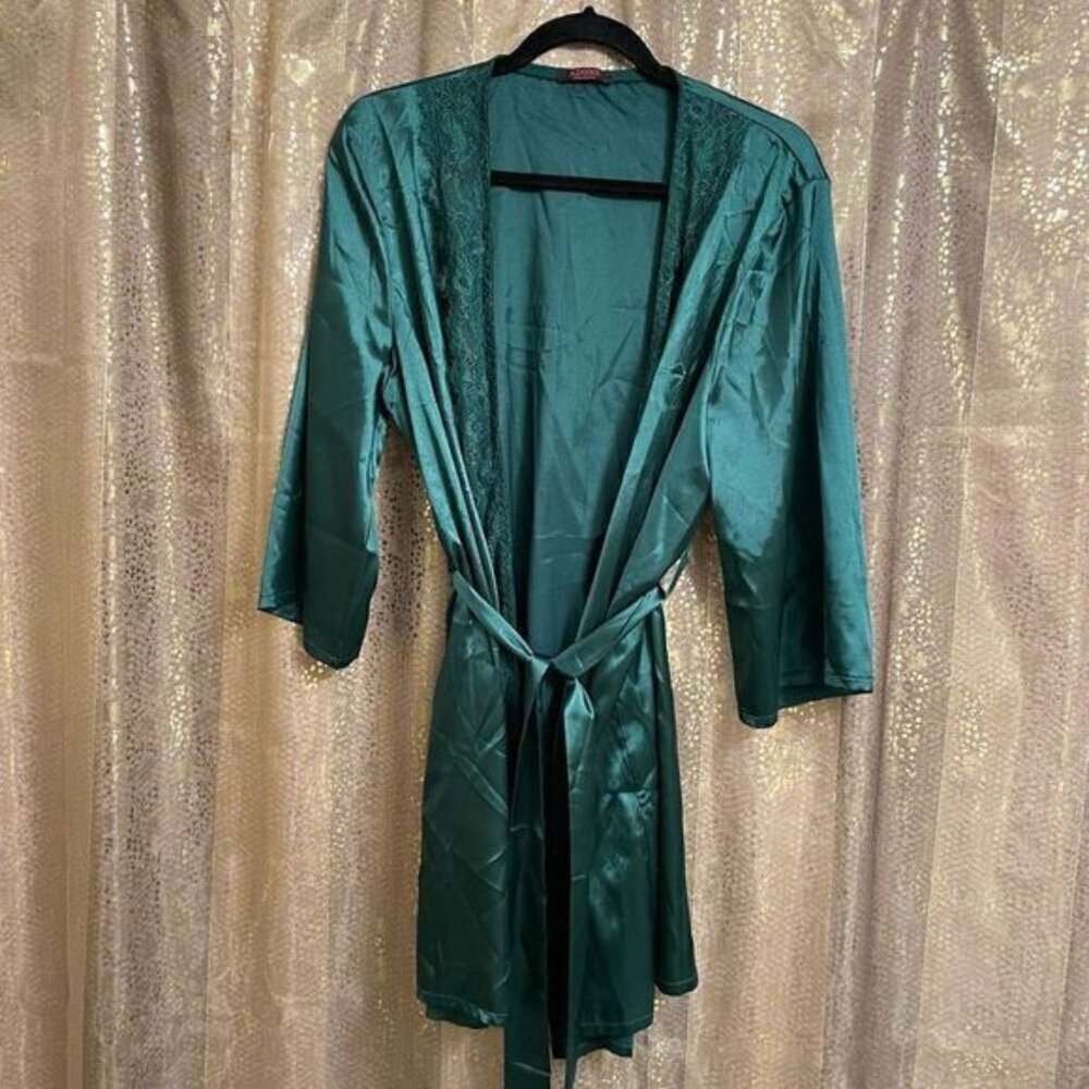 Adome Dark Emerald Green Short Satin Silky Kimono Robe, Large